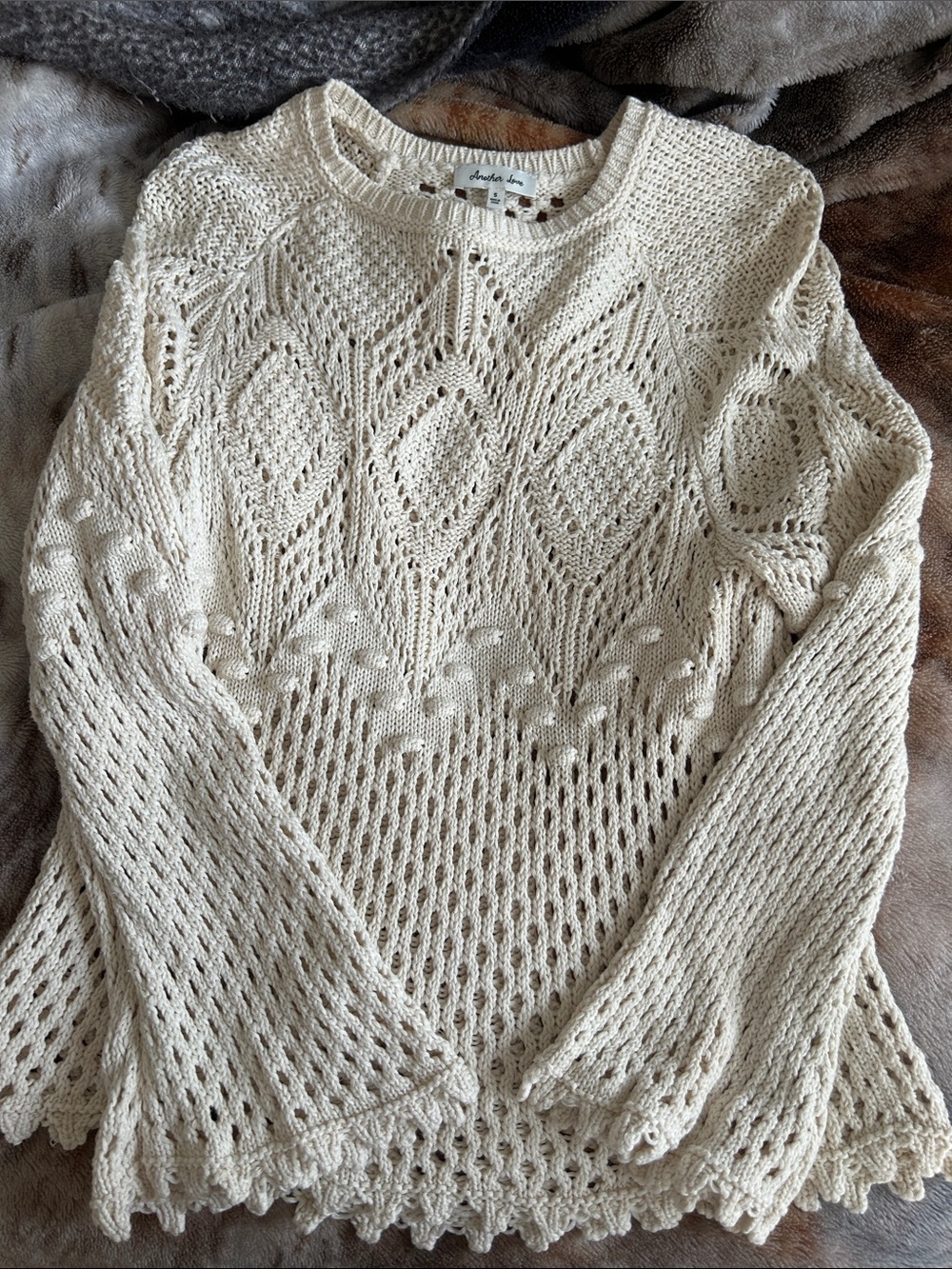 Another Love Boho Cream Pointelle Bobble Knit Pullover Sweater